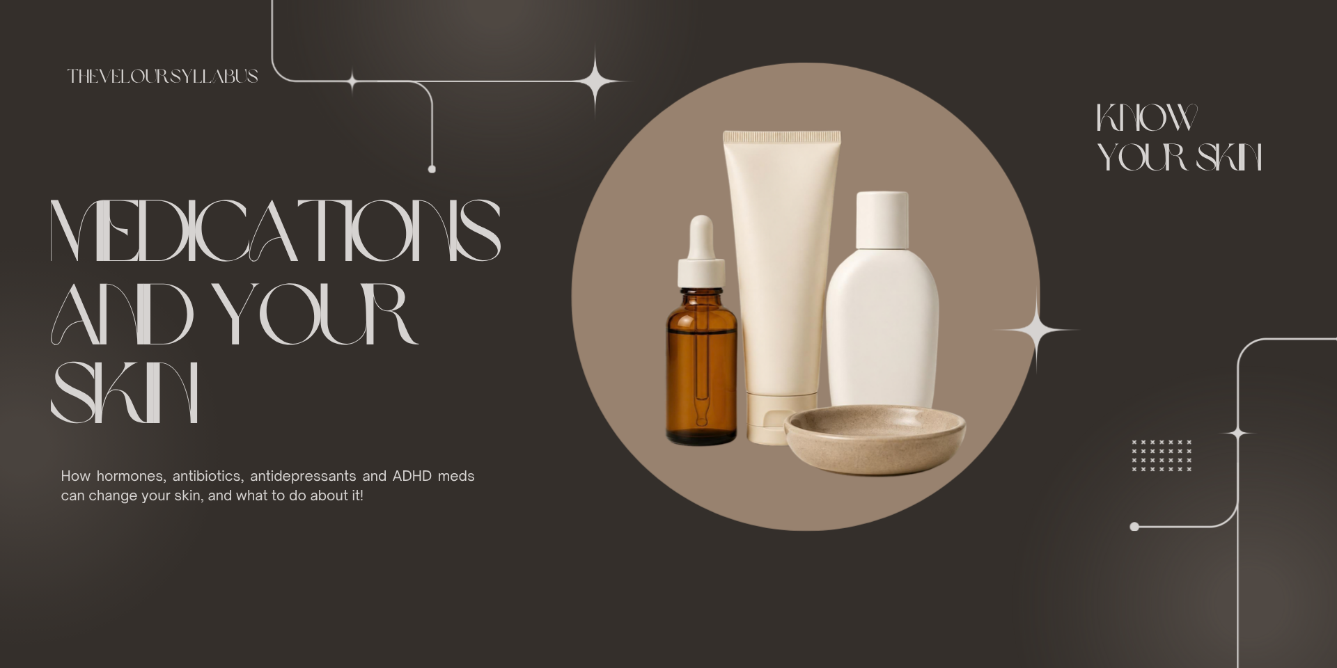 Medications and Your Skin banner with a dropper, cream tube and sunscreen